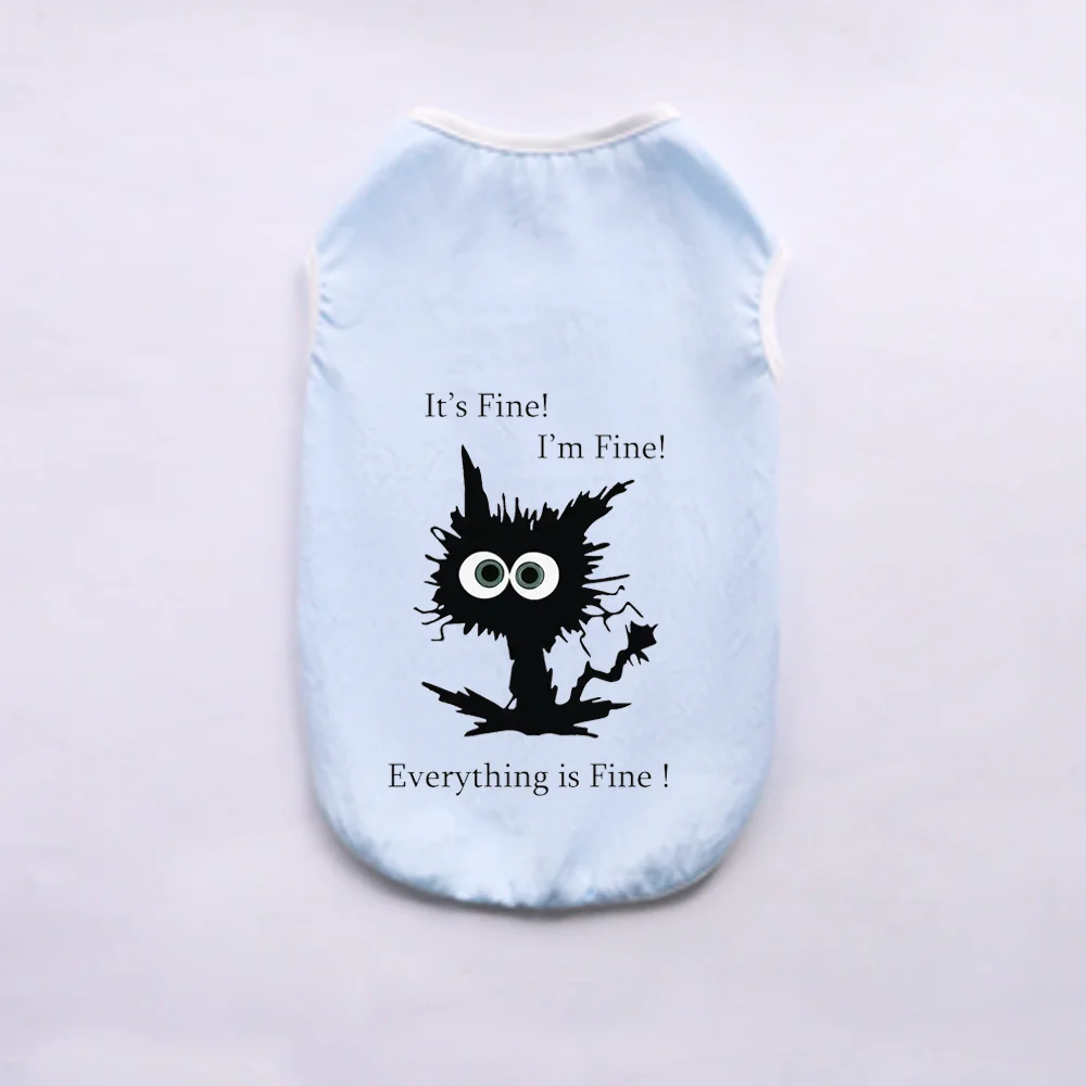 Light blue breathable summer pet vest with a black silhouette of a spooky creature and text saying It's Fine!