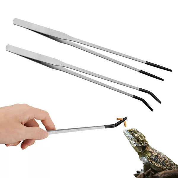Stainless steel feeding tongs used to handle a reptile or pet.