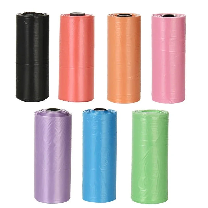 A set of six rolls of reusable pet poop bags in black, coral, orange, pink, purple, and green.