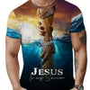 A man wearing a dark t-shirt featuring a graphic print of Jesus and the sea with dramatic lighting.