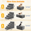 Three sizes of gray pet climbing stairs ramps for dogs shown with corresponding step counts and size measurements.