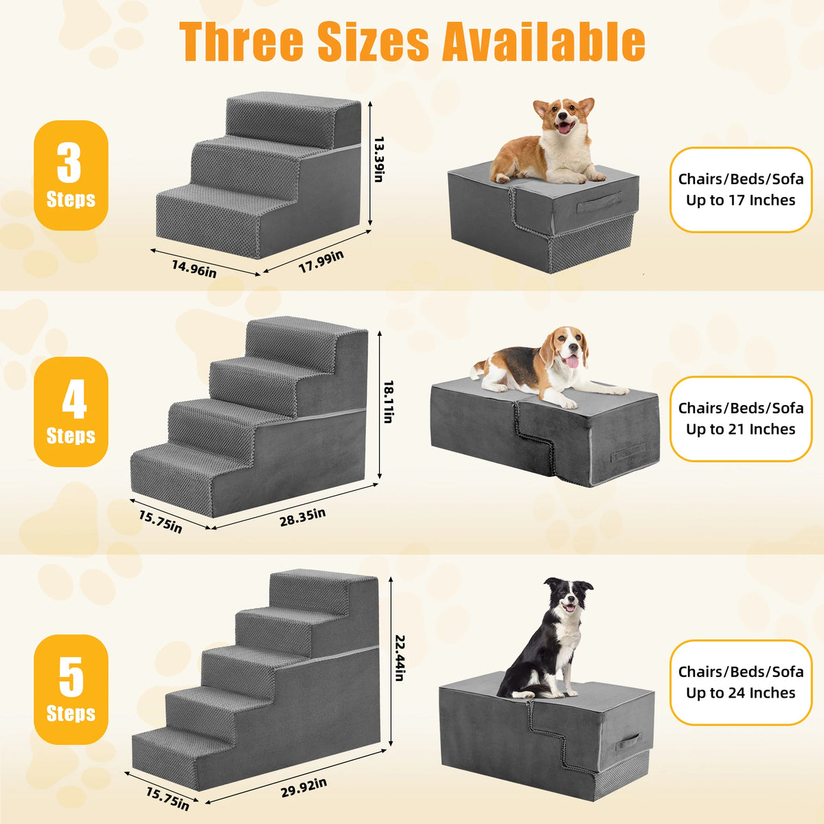 Three sizes of gray pet climbing stairs ramps for dogs shown with corresponding step counts and size measurements.