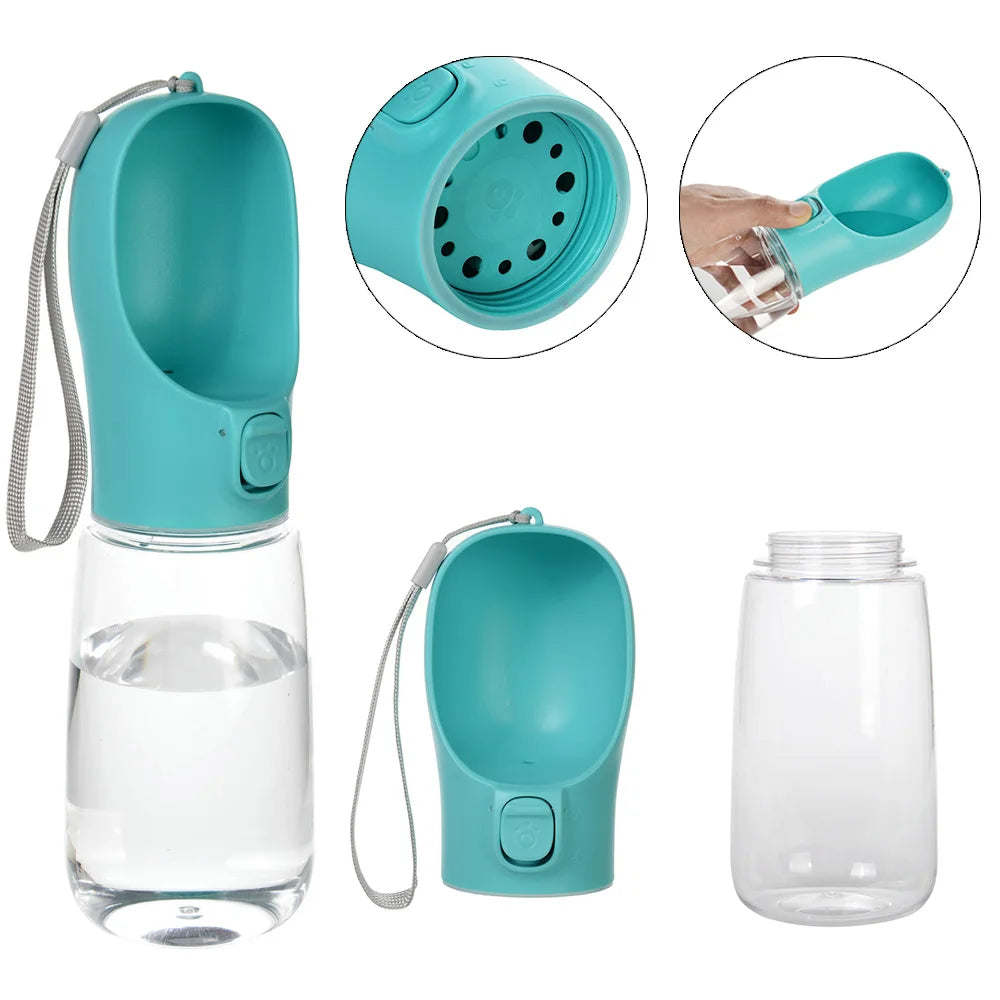 A portable leakproof dog water bottle with a built-in bowl shown in various views and usage context.
