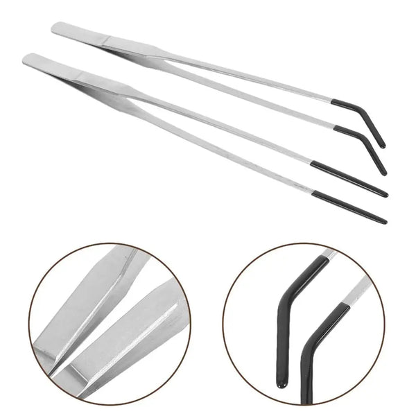 A set of stainless steel aquarium feeding tweezers shown in various angles.