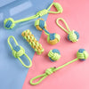 Colorful rope ball dog toys in lime green and blue for chewing and tugging