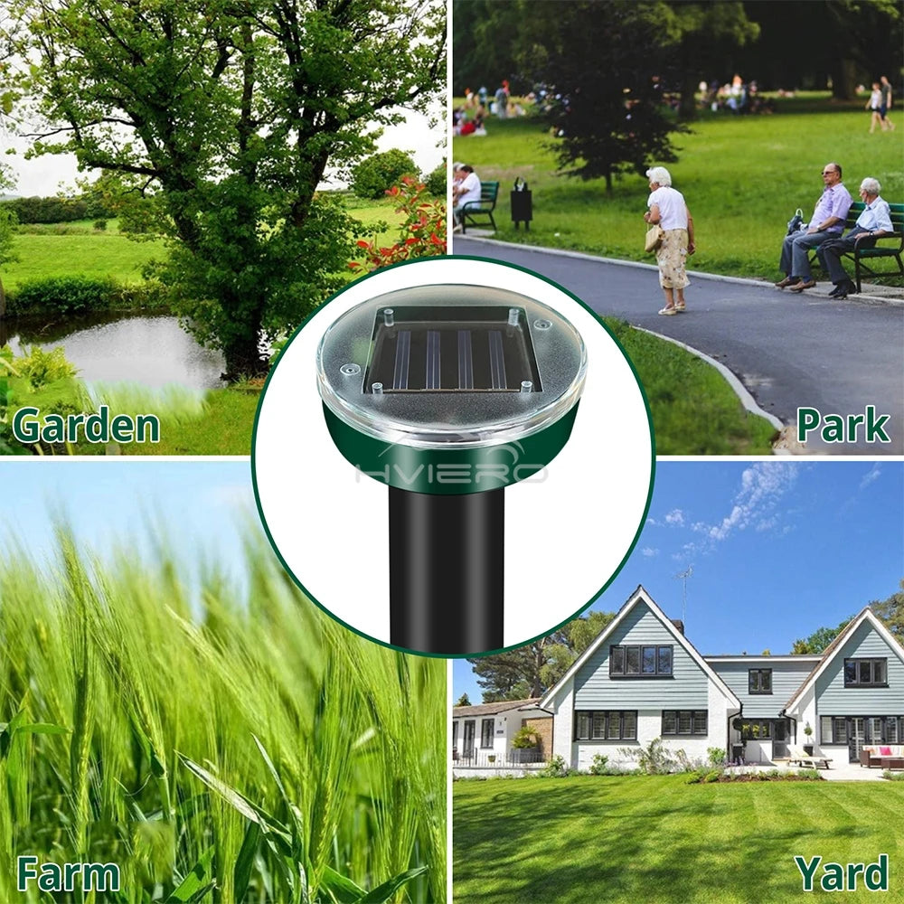 A composite image showing a solar powered ultrasonic pest repeller device used in gardens, parks, farms, and yards.
