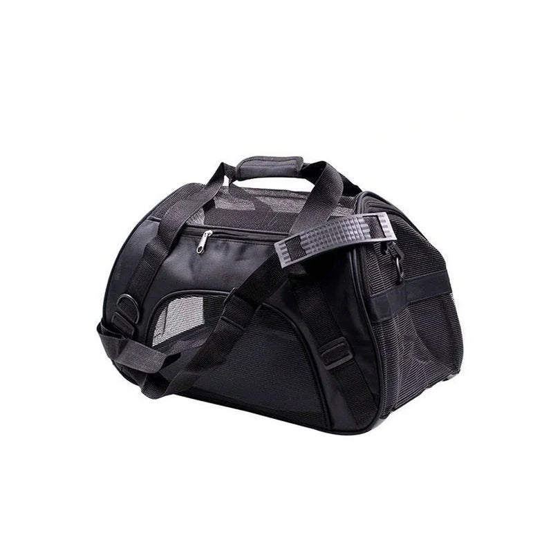 Black portable foldable pet carrier for cats and dogs with a handle and mesh window