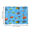 Blue self-cooling pet mat with a leakproof cover featuring various colorful fish designs.