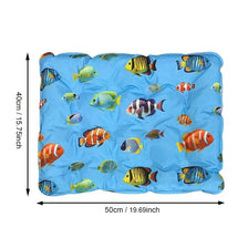 Blue self-cooling pet mat with a leakproof cover featuring various colorful fish designs.