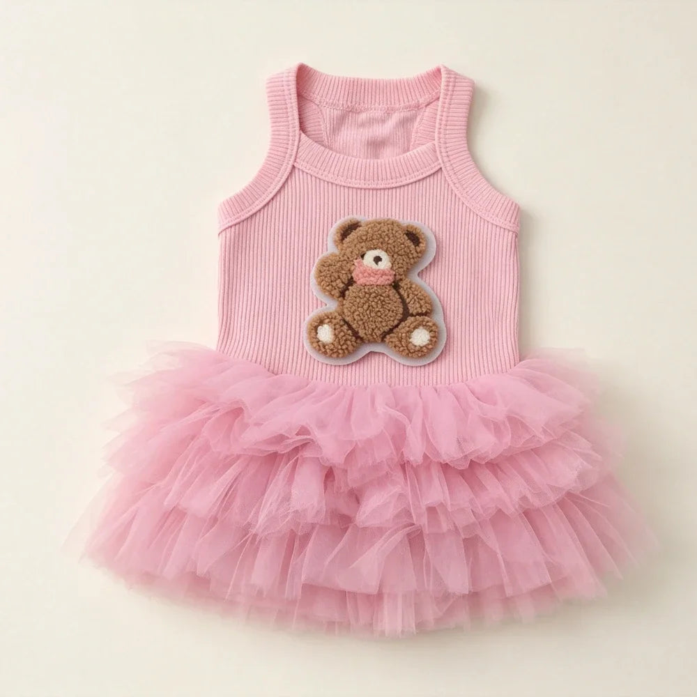 Pink knitted top with a bear applique and a fluffy pink tulle skirt for pets