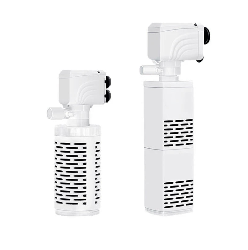 A white submersible aquarium filter pump with an air pump and wave maker.