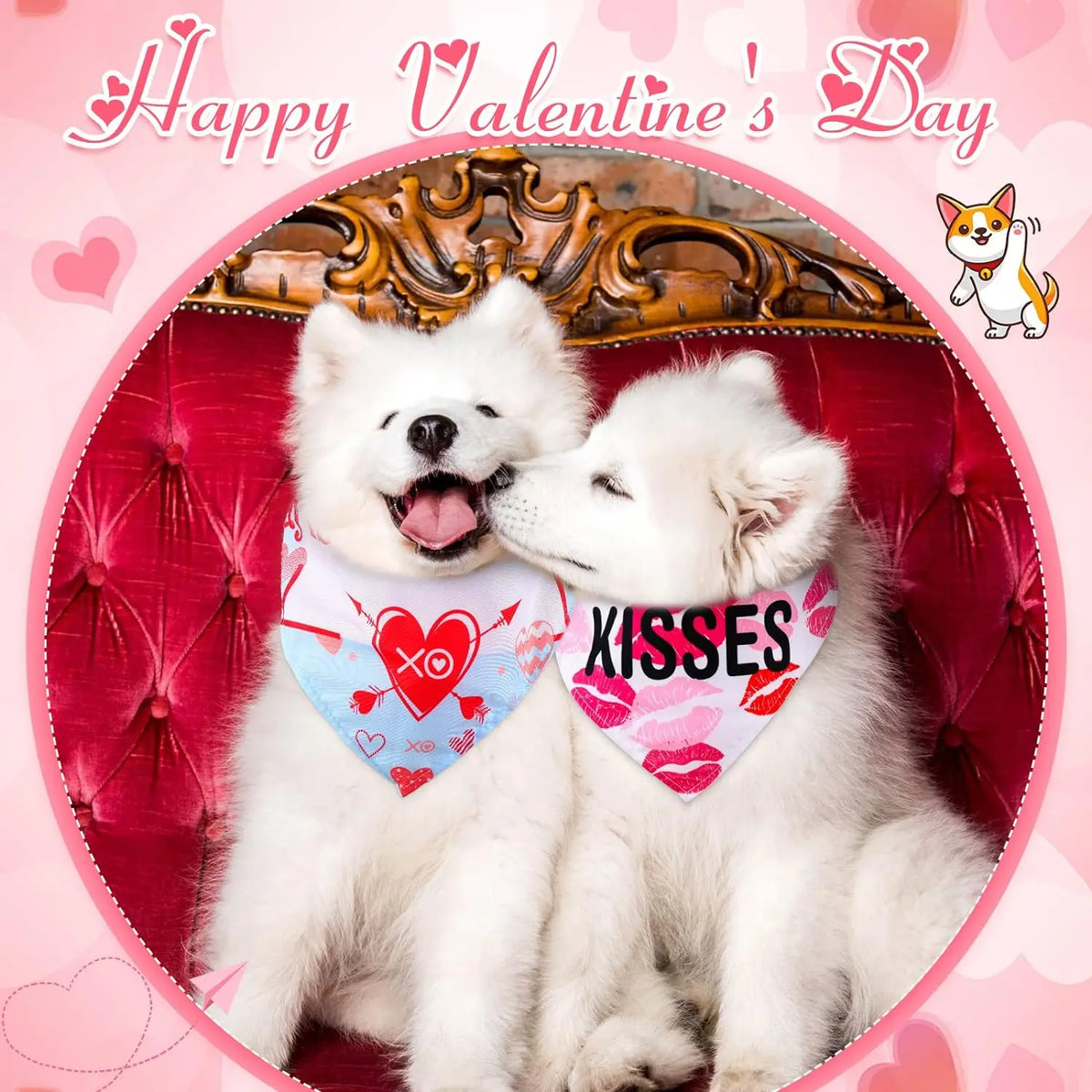 Two white fluffy dogs wearing heart-patterned bandanas celebrating Valentine's Day