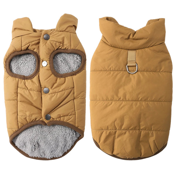 A tan waterproof fleece winter coat for small dogs or cats with a hood and fuzzy trim.