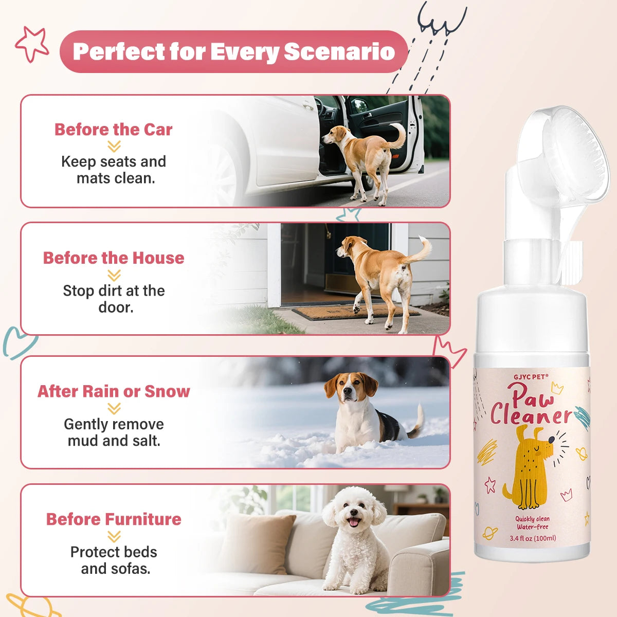 A bottle of Pet Paw Cleaner foam for cats and dogs with instructions showing various cleaning scenarios.