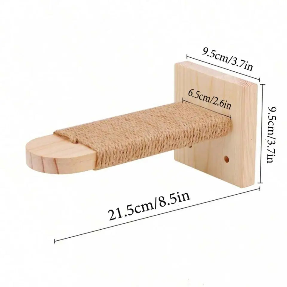 Wooden modular cat wall shelf featuring a bridge and hammock design.