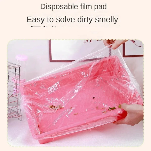 A pink disposable film pad is shown being used to clean a dirty smelly area.