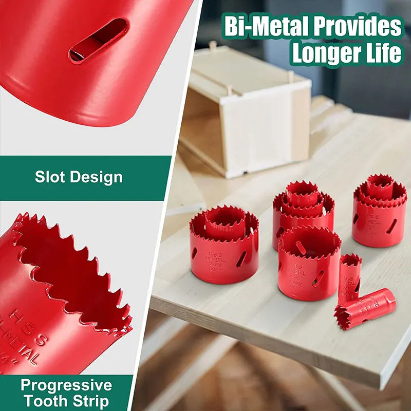 Red bi-metal hole saw kit featuring a slot design and progressive tooth strip for drilling metal and plastic.