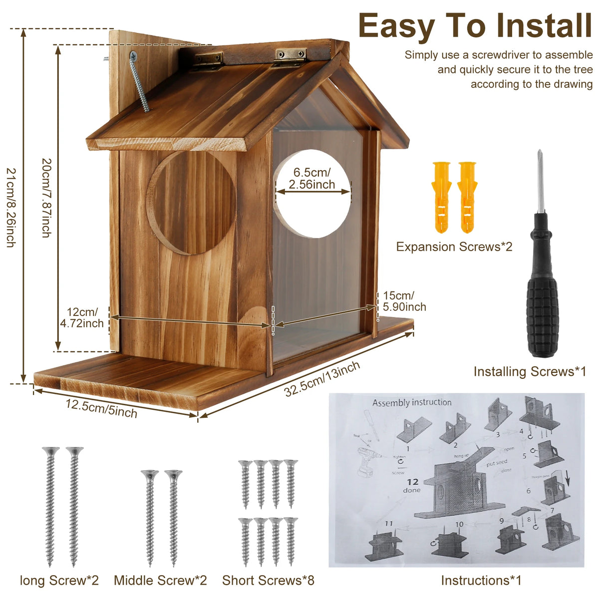 Comedero de ardilla de madera rústica para decoración de jardín con tornillos de expansión e instrucciones de instalación