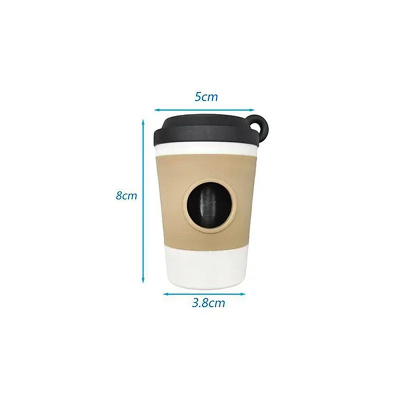 A beige and black portable pet poop trash can dispenser with a handle.
