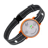An orange and black dog bark collar with a strap and a round control button.