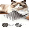 Ein flauschiger tabbykatter ruht neben einer Metall-Haar-deschiger mit scharfen Zähnen und Holzgriff.
