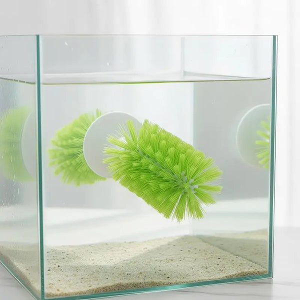 A clear glass container holds water with a green artificial turtle shell cleaning and feeding accessory resting on a bed of s