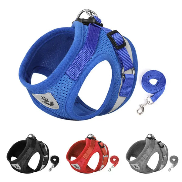 A collection of adjustable reflective mesh harnesses for cats and small dogs in black, blue, red, and gray.