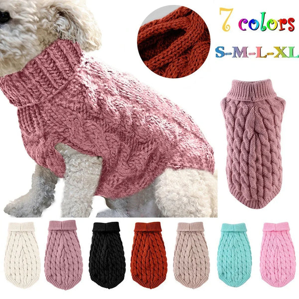 A collection of knitted sweaters in various colors for dogs and cats, including pink, brown, black, orange, and mint green.