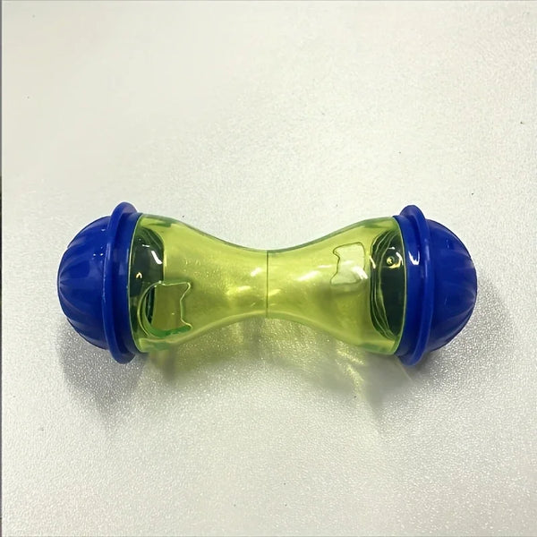 A bright green and blue plastic ball toy designed as an interactive pet feeder for cats.