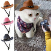 Three styles of adjustable cowboy hats for small dogs and cats shown next to a white cat