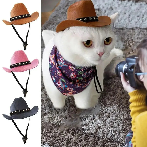 Three styles of adjustable cowboy hats for small dogs and cats shown next to a white cat
