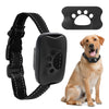 A black USB rechargeable dog bark collar is shown next to a golden retriever.
