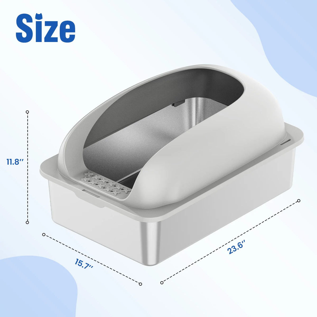 Litière pour chat en acier inoxydable blanc de grande taille avec pelle et tapis, vue de dessus.