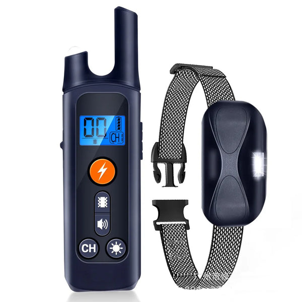 A dark blue electric dog training collar and remote control with a black strap.