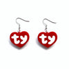 Pair of red acrylic heart drop earrings with a silver ear wire.
