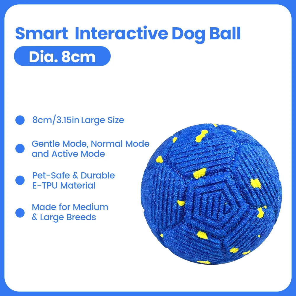 Helle blaue interaktive Hundeball mit gelben Akzenten, für mittelgroße und große Rassen geeignet.