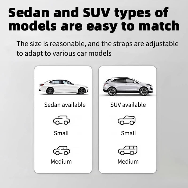 A white sedan and a silver SUV are shown next to icons indicating small and medium sizes for car seat covers.