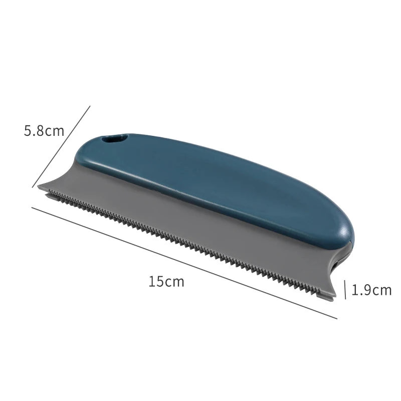 A blue reusable pet hair remover brush with a flat blade, shown in profile.
