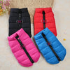 Three winter padded dog coats in black, red, and blue stacked on a light background.