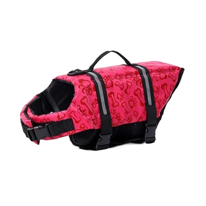 Chaleco salvavidas para perro rosa brillante reflectante con correas negras y patrón de siluetas de perros.