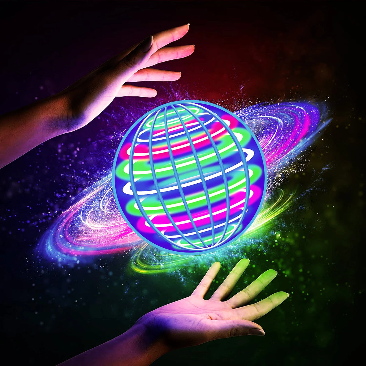 A hand is holding a glowing, iridescent sphere with colorful light patterns and cosmic effects.