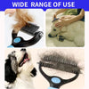 A stainless steel pet deshedding comb is shown being used on a dog's fur.