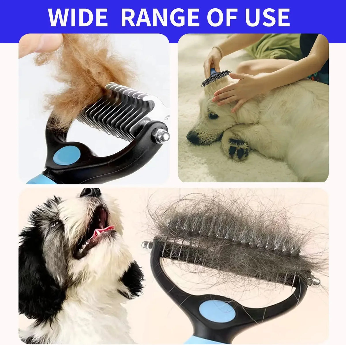 A stainless steel pet deshedding comb is shown being used on a dog's fur.