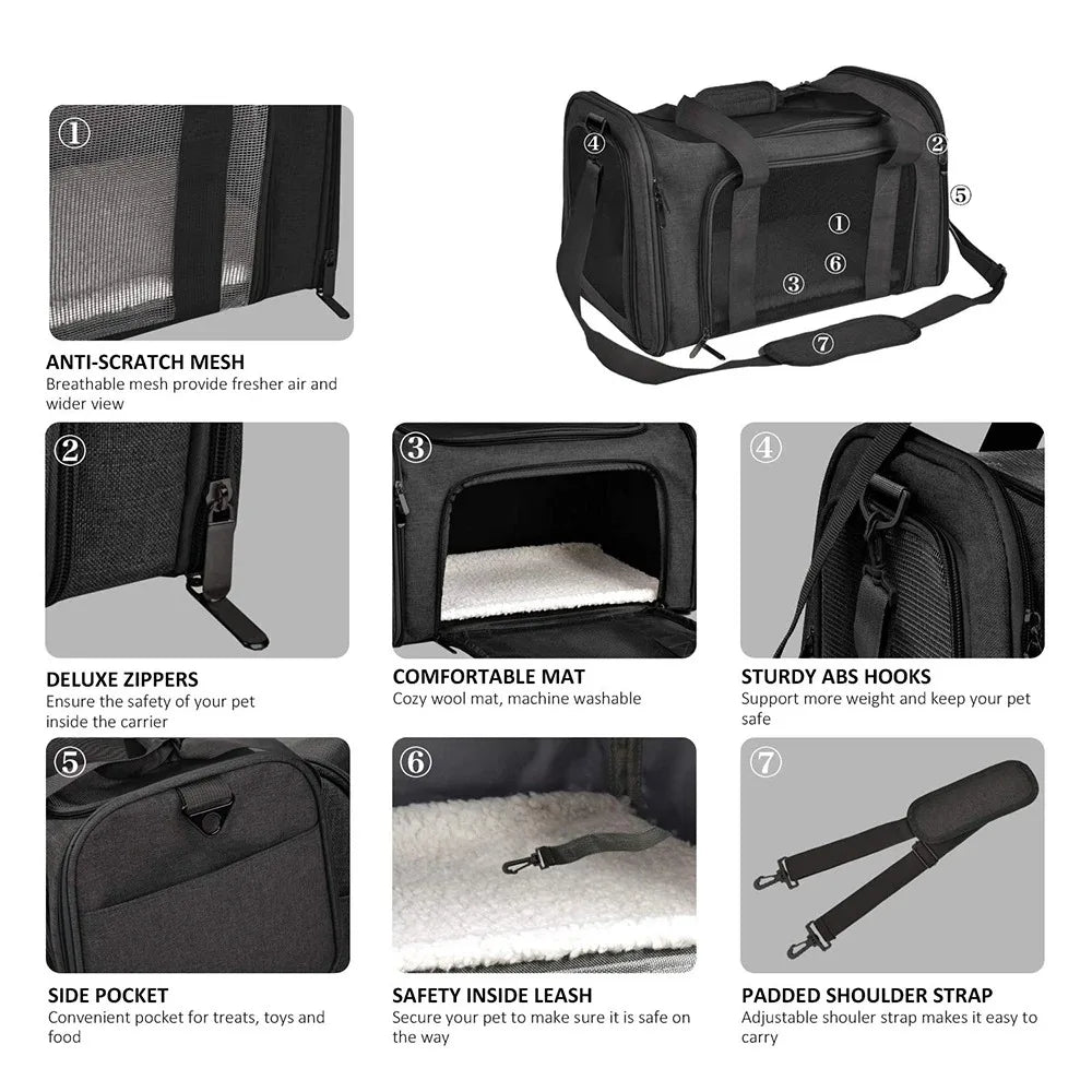 Black portable pet carrier bag with mesh, zippers, pockets, and shoulder strap.