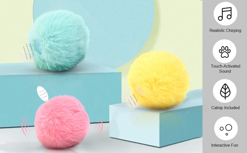 A collection of fluffy, round toys in light blue, yellow, and pink, demonstrating realistic chirping, touch-activated sound, 