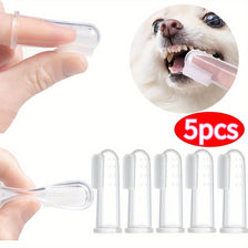 A hand holds a silicone pet toothbrush, with five identical toothbrushes displayed below.