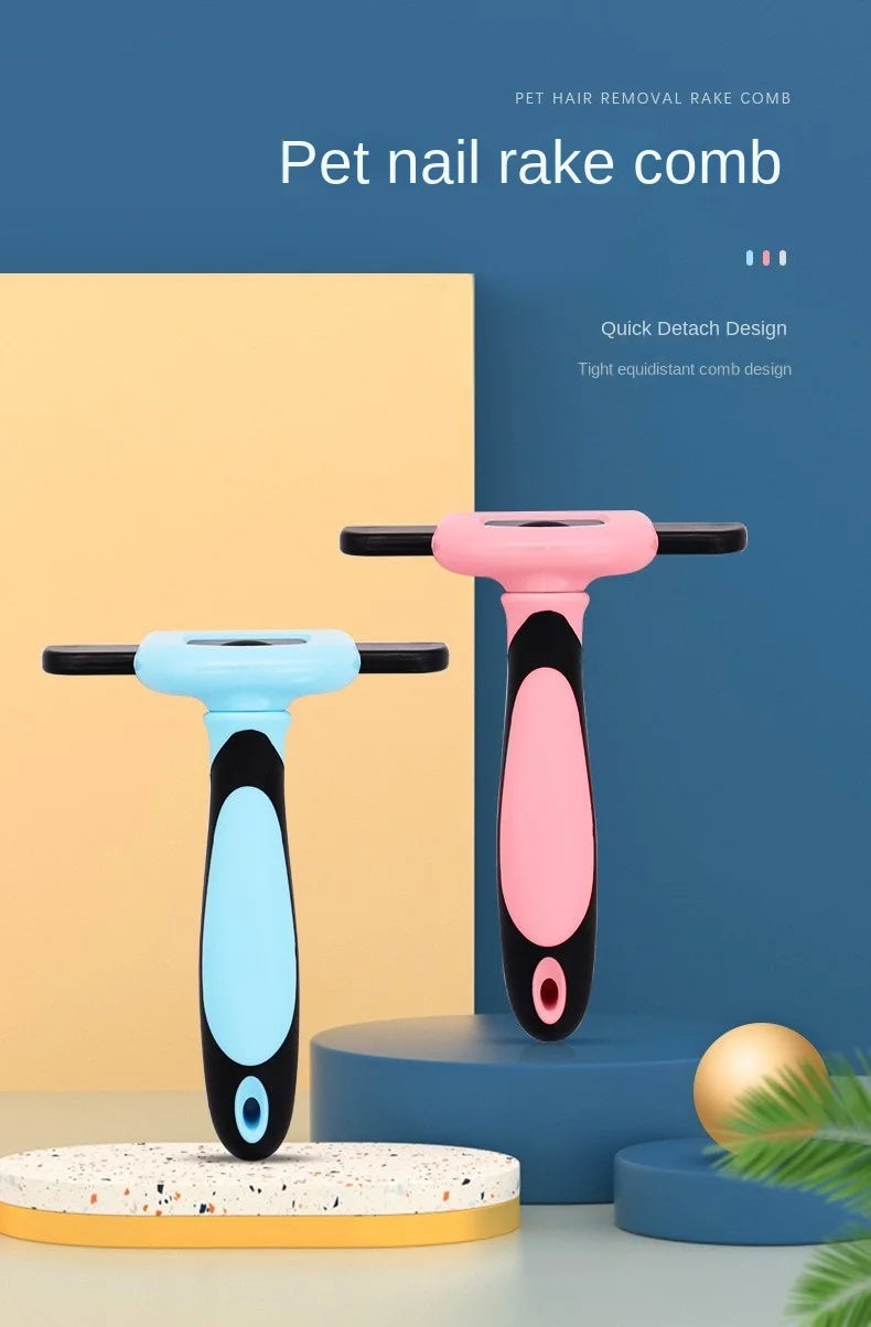 A pink and blue pet nail rake comb set displayed on a light surface.