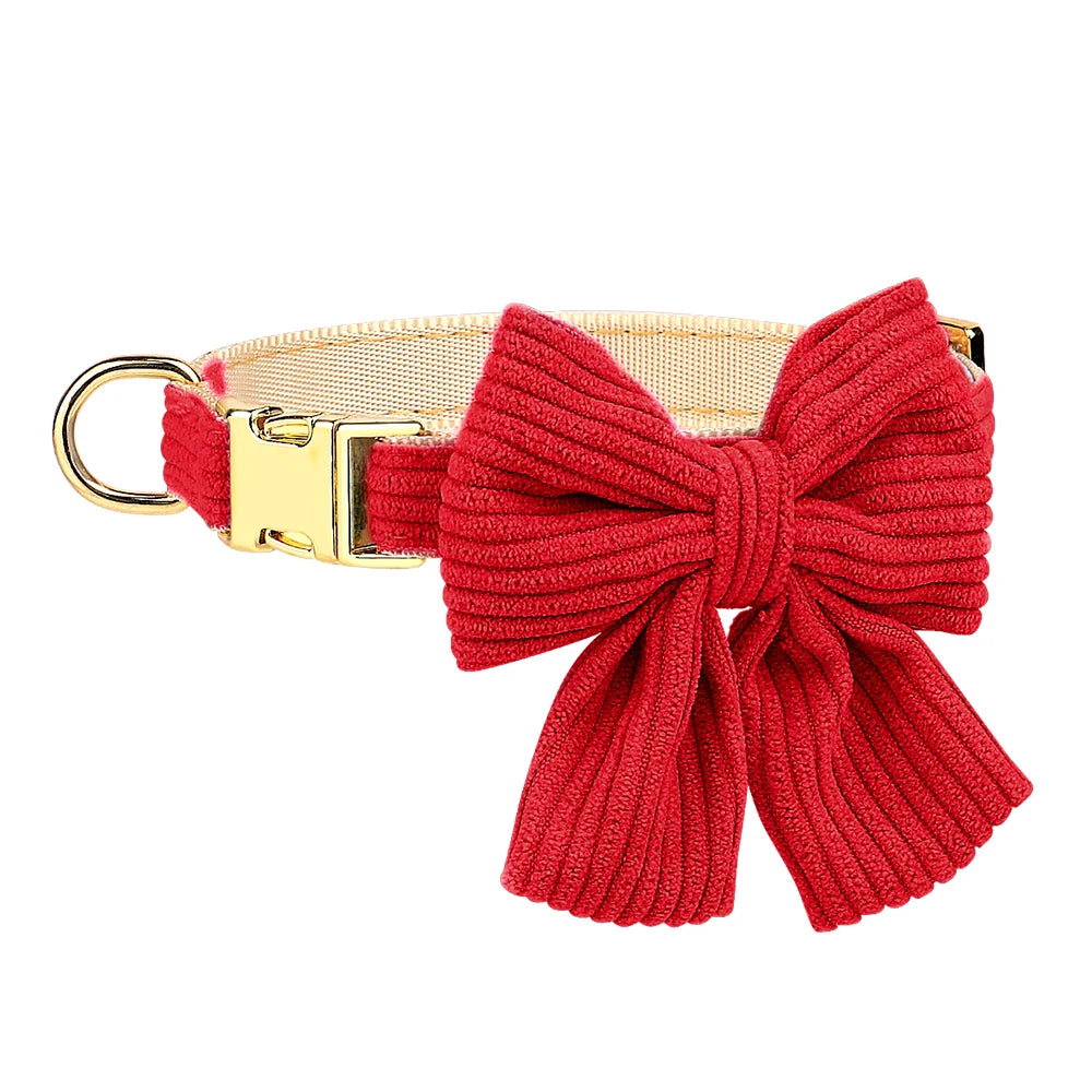 Red knitted bowknot dog harness collar and leash set with gold hardware