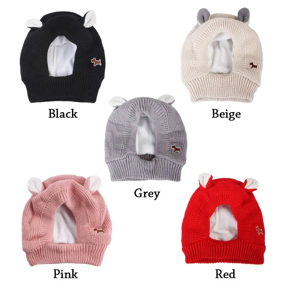A collection of knit ear muffs for dogs in black, beige, grey, pink, and red colors.