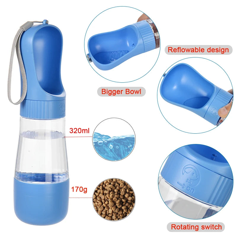 A blue 2-in-1 portable pet water and food dispenser featuring a reflowable design, bigger bowl, and rotating switch.